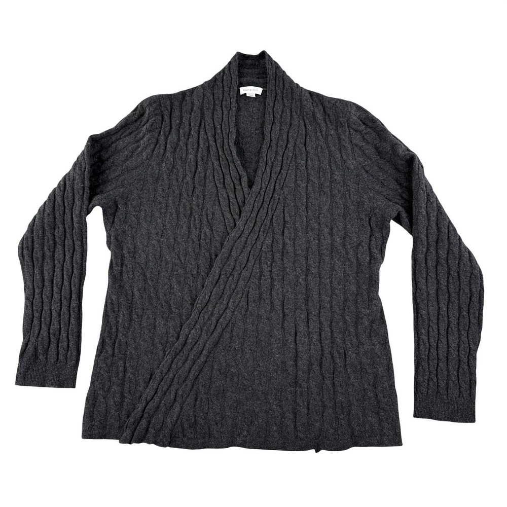 Garnet Hill Cardigan Sweater L Gray 100% Cashmere Cable Knit Open Front Warm